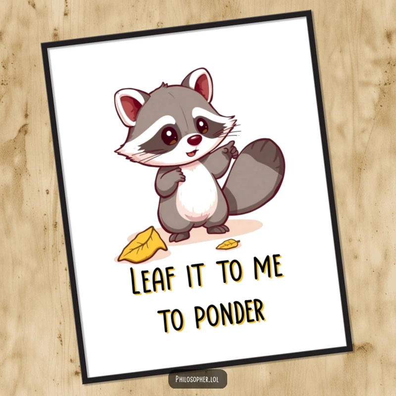 Funny Free Printable Wall Art: Mischievous raccoon pointing excitedly at a fallen leaf, a humorous downloadable piece.