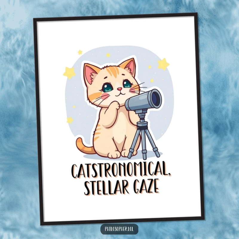 Funny free printable wall art of a curious cat looking through a telescope at a vast, star-filled night sky.