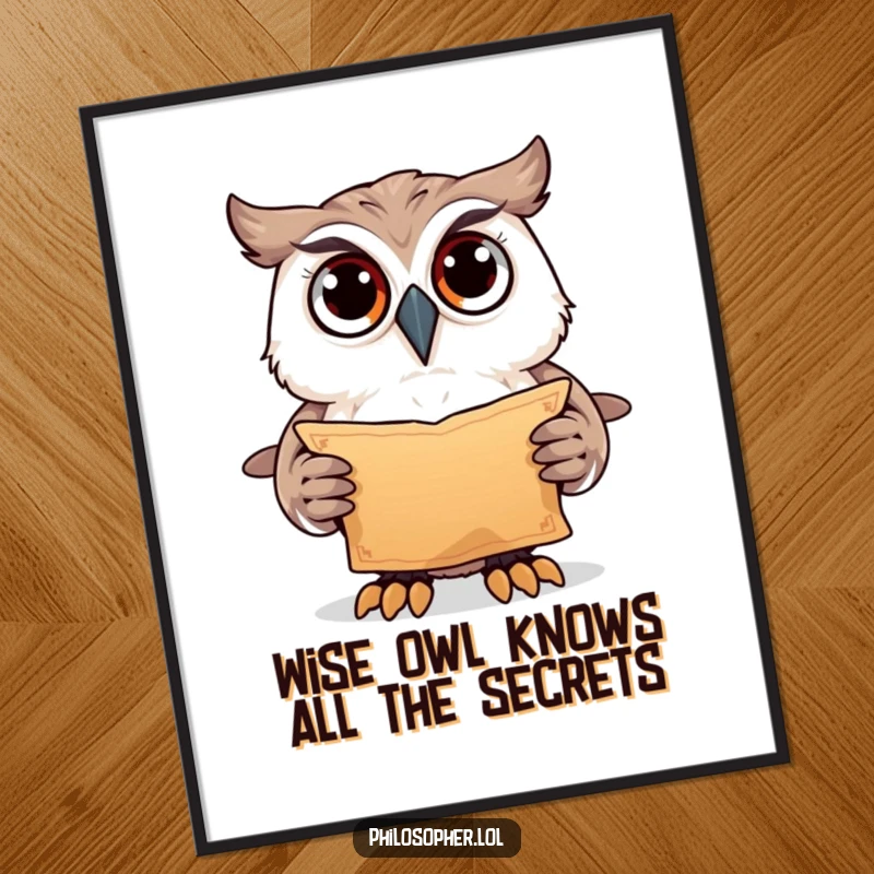 Funny Free Printable Wall Art: A curious owl with wide eyes clutches an ancient scroll, exuding wisdom. Mysterious decor.