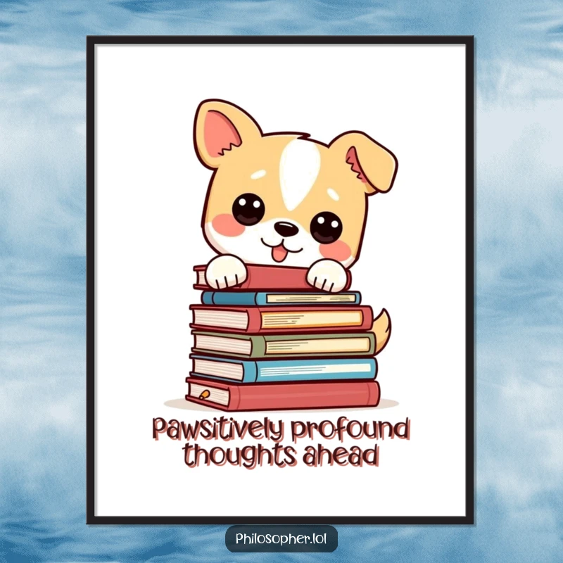 Funny Free Printable Wall Art: A dog comically balances a tower of philosophy books, bringing intellectual humor to any room. Quirky decor.