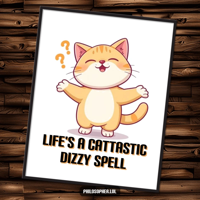 Funny Free Printable Wall Art: A giggling cat spinning in a joyous circle, questioning reality, bringing whimsical art to life.