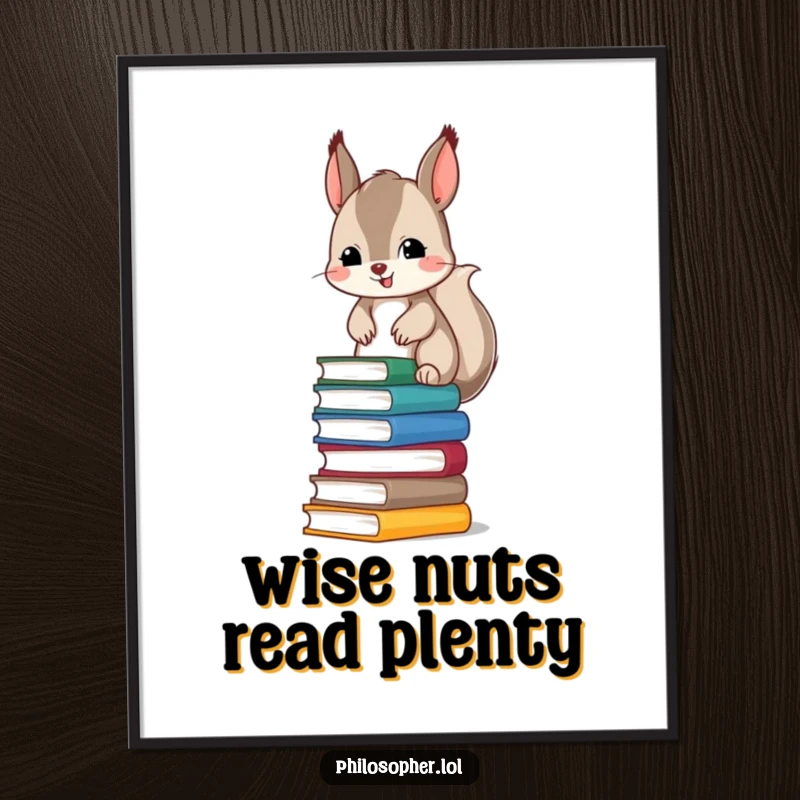 Funny Free Printable Wall Art: Mischievous squirrel precariously balancing a tall stack of books, humorous home decor.
