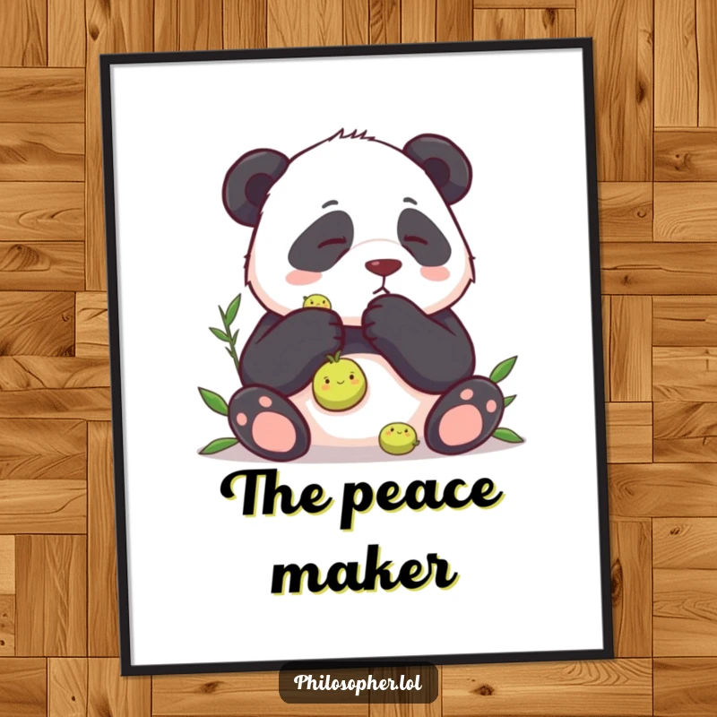Funny free printable wall art: a panda giving a single pea its undivided, intense, and important focus.