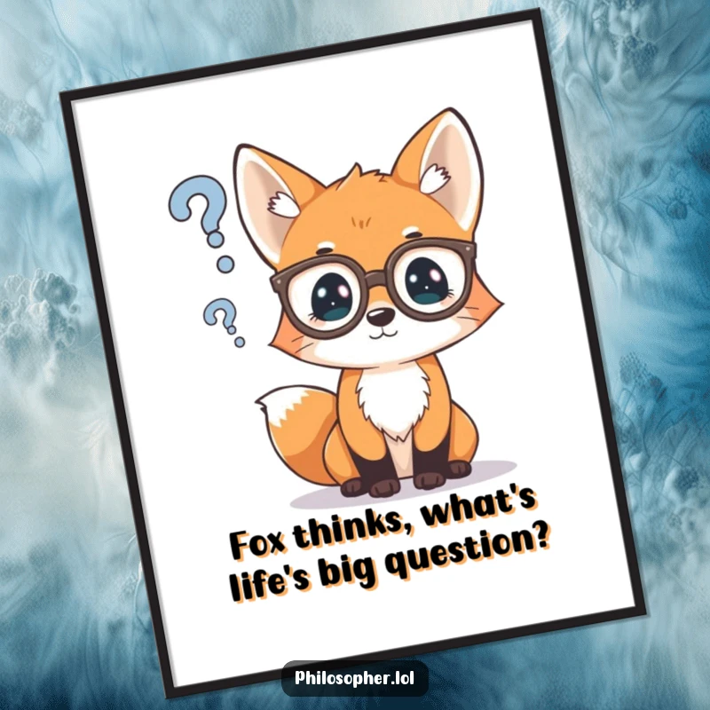 Funny Free Printable Wall Art: A curious fox cub in spectacles ponders a question mark, symbolizing thought.