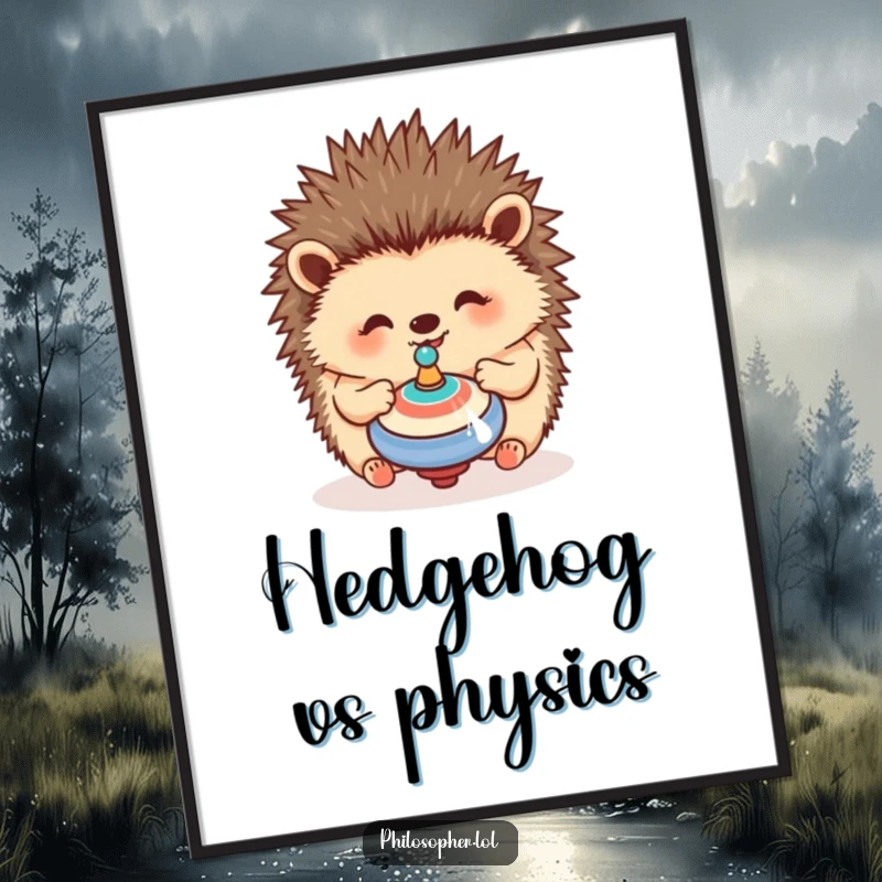 Funny Free Printable Hedgehog Wall Art: A happy hedgehog contemplates a spinning top, bringing a sense of playful wonder to your space.