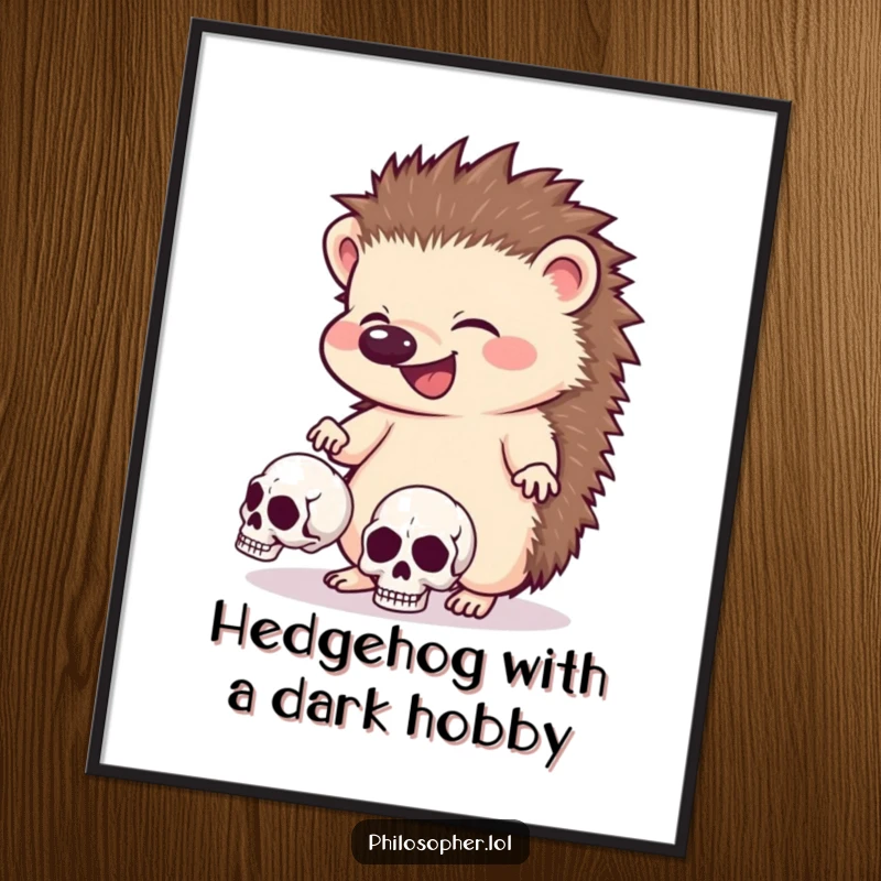 Funny Free Printable Wall Art: Giggling hedgehog comically juggling tiny skulls, adding darkly humorous art to your decor.