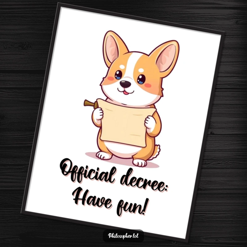 Funny Free Printable Wall Art featuring a determined corgi holding a tiny scroll, looking very official.