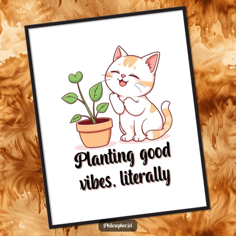 Funny free printable wall art: A giggling cat leans in to tell secrets to a receptive potted plant, adding humor to your space.