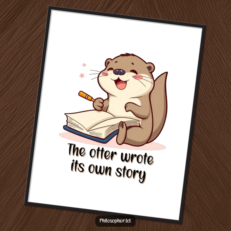 Funny Free Printable Wall Art: A joyful otter intensely scribbling in a large book, exuding focused, humorous energy.