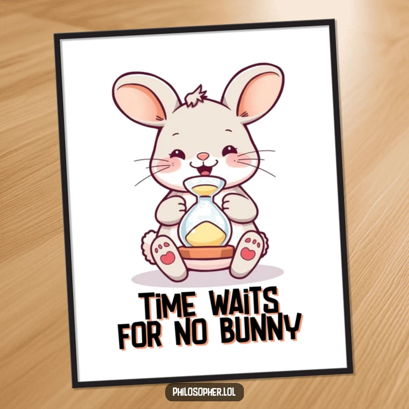 Funny free printable wall art: A whimsical bunny contemplates an hourglass, a humorous statement on the passage of time, perfect for your wall.