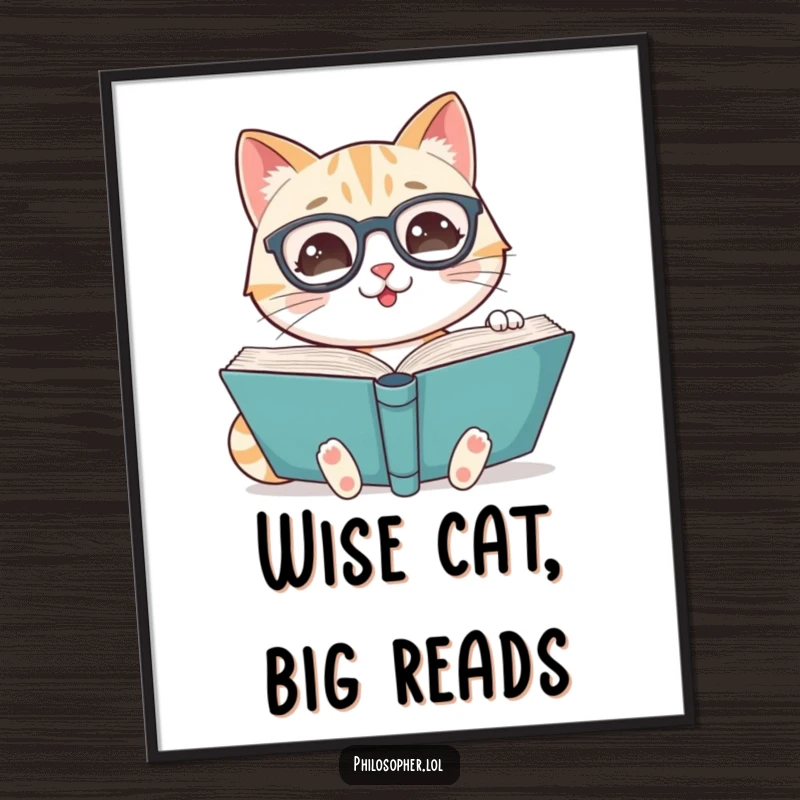 Funny Free Printable Wall Art: A smiling cat wearing spectacles intently reading a large, fascinating book.