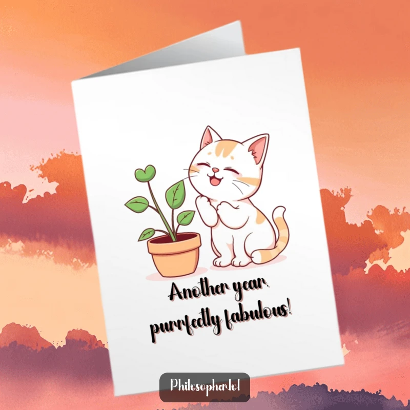 Funny free printable birthday card: A mischievous cat whispers secrets into a happy potted plant's leaves, a hilarious scene.