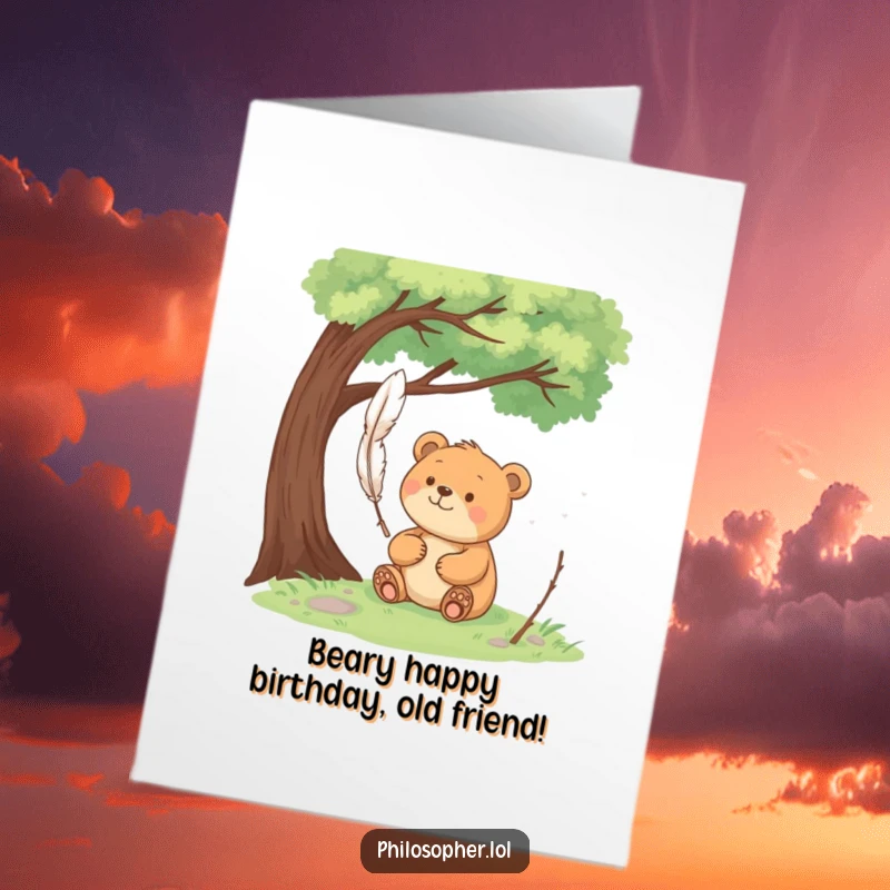 Funny Free Printable Birthday Card: a happy bear sits contemplatively under a tree with a floating feather.