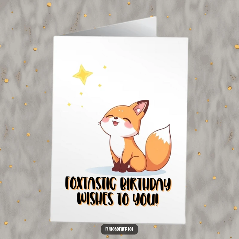 Funny Free Printable Birthday Card: A happy fox joyfully gazing at a distant, twinkling star, full of dreams.