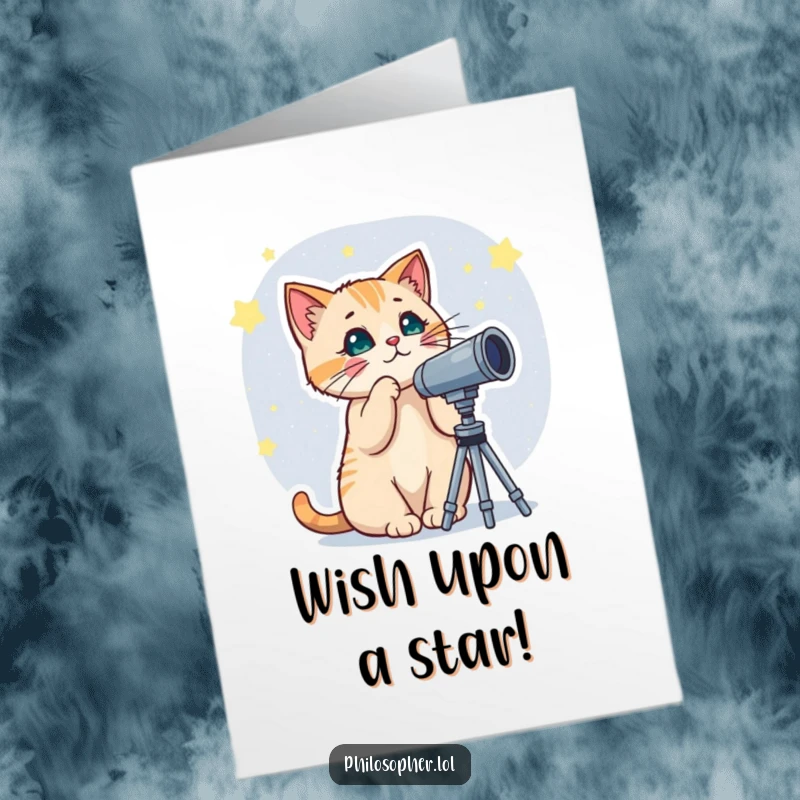 Funny free printable birthday card showing a curious cat gazing intently at stars through a telescope.