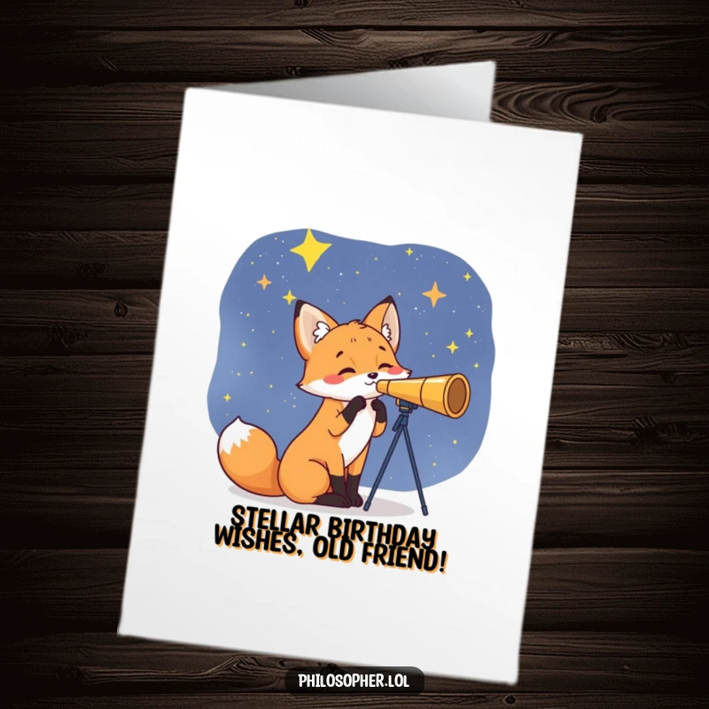 Funny Free Printable Birthday Card featuring a curious fox with a telescope looking at stars, perfect for space lovers.