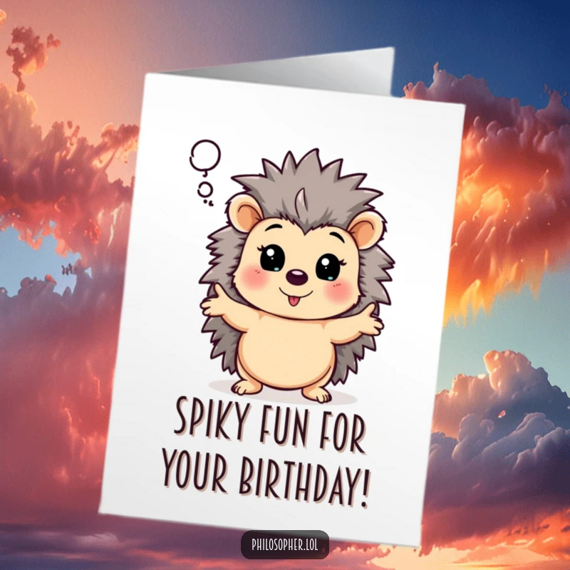 Funny Free Printable Birthday Card: Hedgehog dramatically gestures wisdom, a profound downloadable gift.