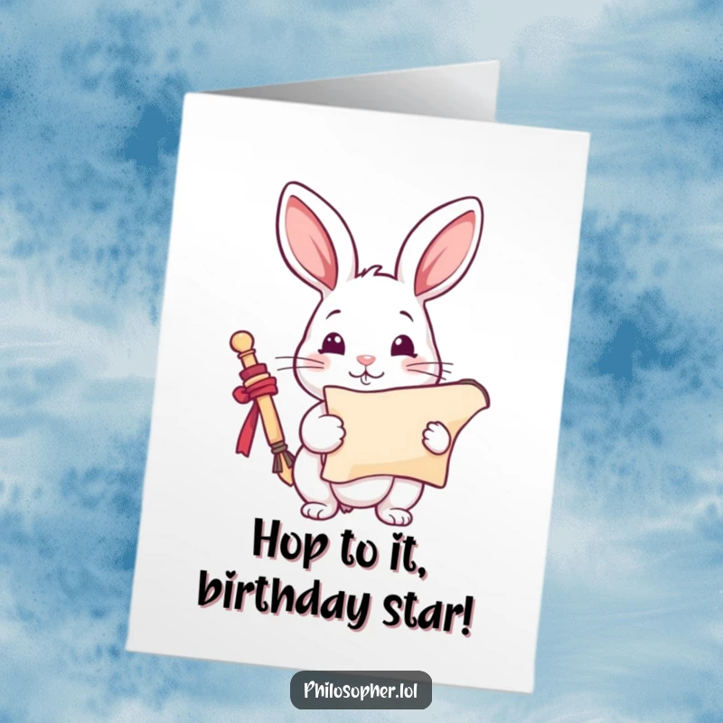 Funny Free Printable Birthday Card: A playful rabbit holds a scroll, looking inspired and ready to write birthday wishes.
