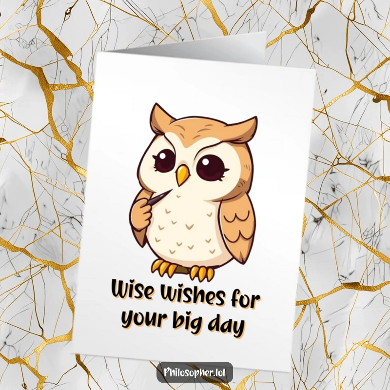 Funny Free Printable Birthday Card: A determined owl strokes its chin thoughtfully, pondering birthday wishes and cake.