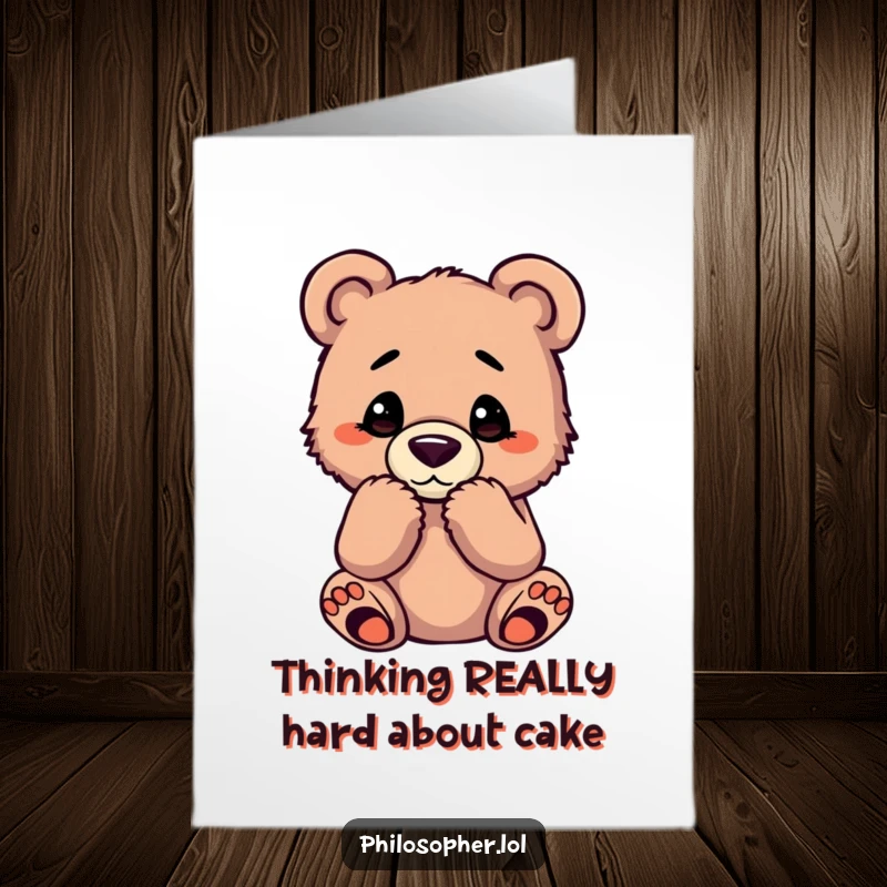Funny Free Printable Birthday Card featuring a cub in a classic thinking pose, brow furrowed, pondering life's great mysteries.