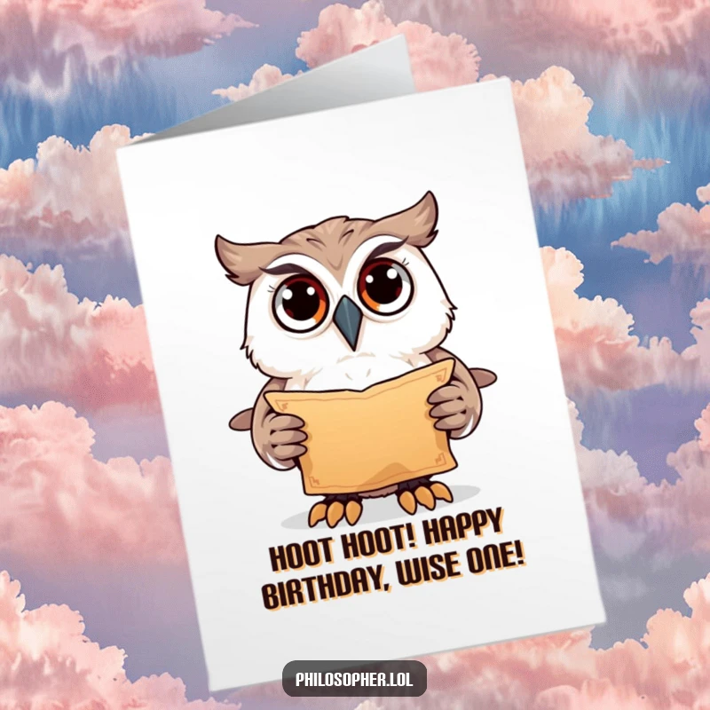 Funny Free Printable Birthday Card: Curious owl with wide eyes holding an ancient scroll, wishing happy birthday. Instant download.