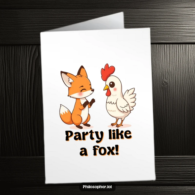 Funny Free Printable Birthday Card: A playful fox animatedly debates a bewildered rubber chicken with comedic flair.