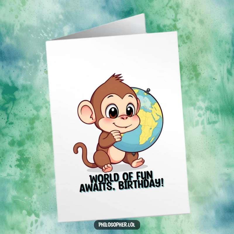 Funny Free Printable Birthday Card: Silly monkey wide-eyed staring at a spinning globe, ready for a laugh.