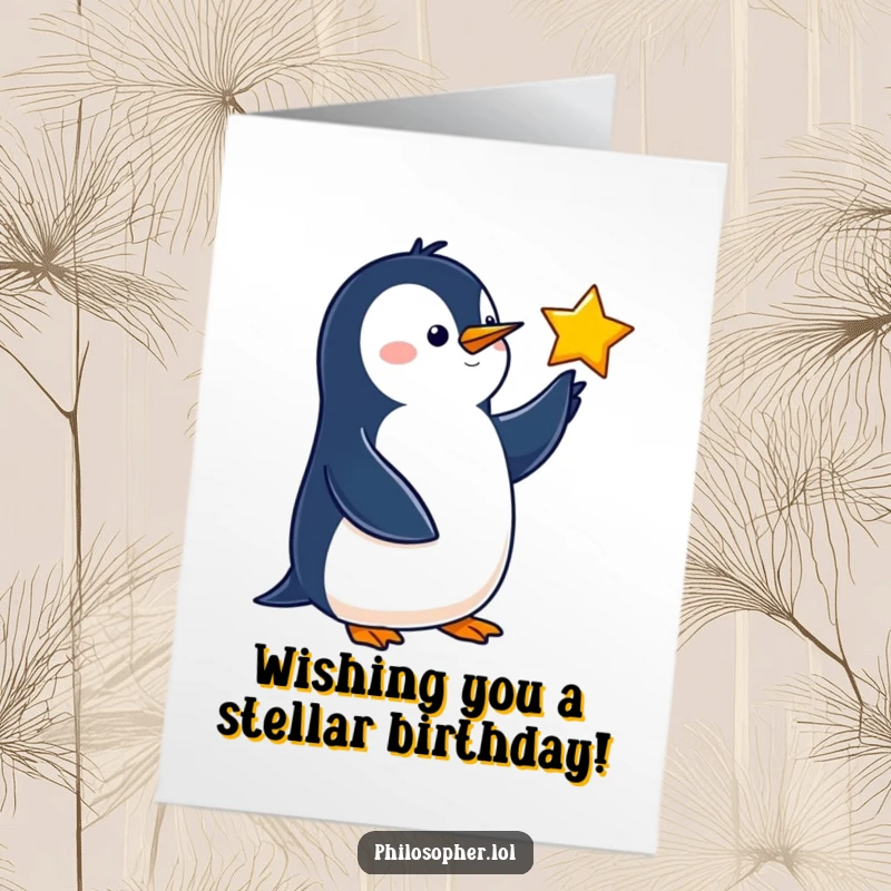 Funny Free Printable Birthday Card featuring a wise penguin pointing elegantly at a star, offering birthday wishes.