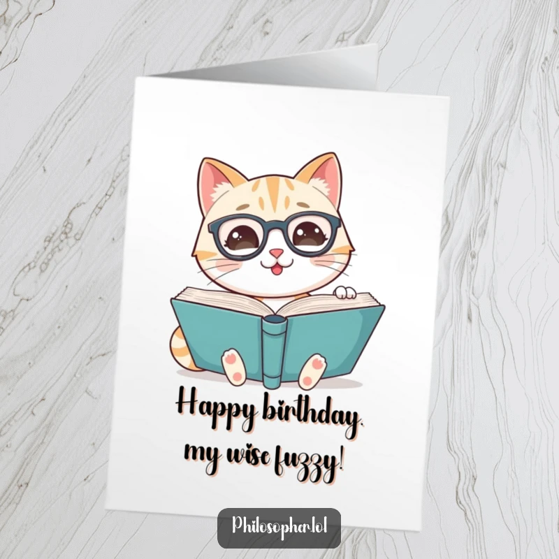 Funny Free Printable Birthday Card: A smiling cat wearing spectacles reads a large, thick book.