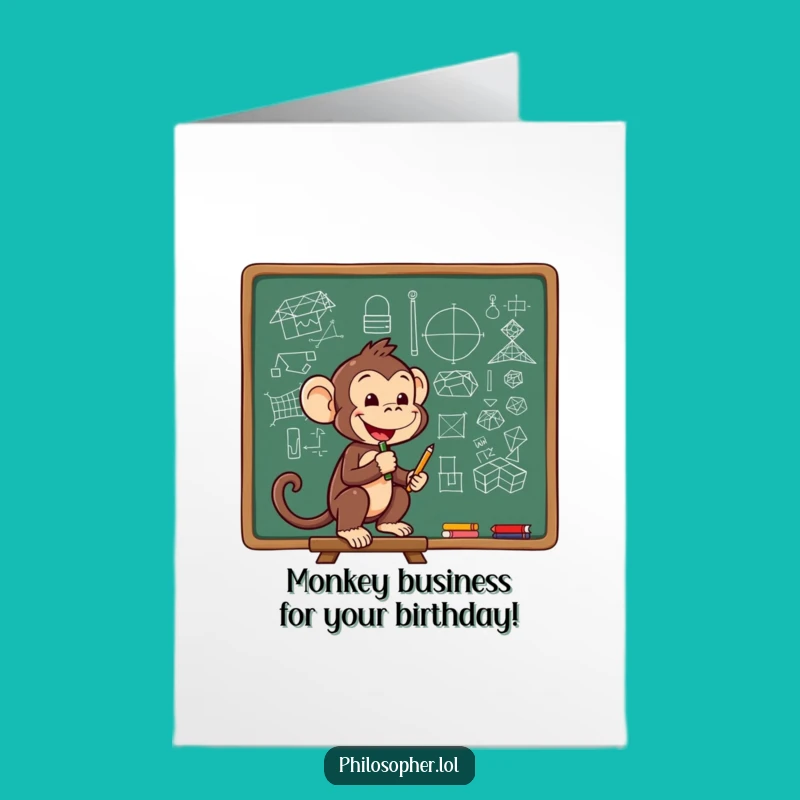 Free Printable Birthday Card: Smart Monkey Brainstorming, Funny Downloadable Gift for the Genius