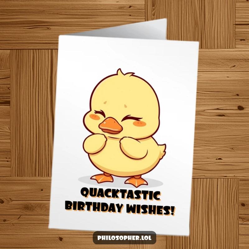 Funny Free Printable Duckling Birthday Card: A wobbly duckling ponders deeply with furrowed brows, adding a humorous touch to birthday wishes.