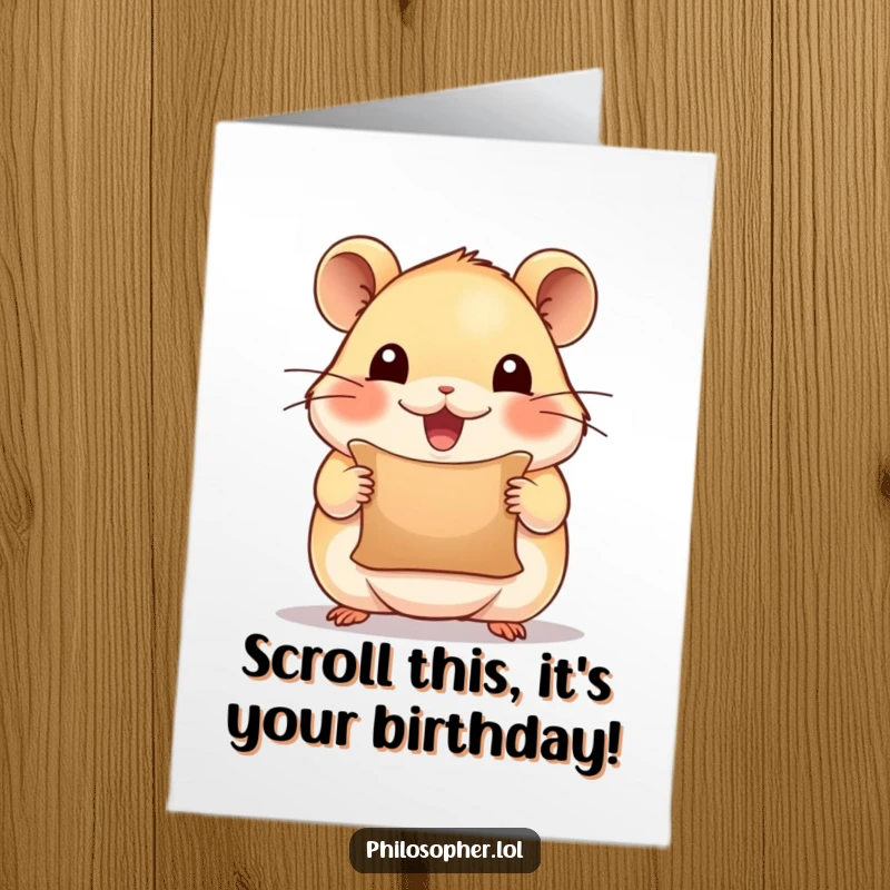 Funny Free Printable Birthday Card: A beaming hamster holds a tiny scroll, looking inspired and happy.