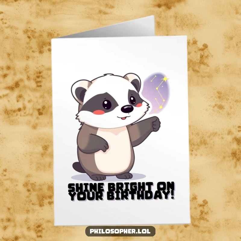 Funny Free Printable Birthday Card: Proud badger pointing at a shining constellation in the night sky, wishing stellar birthday.