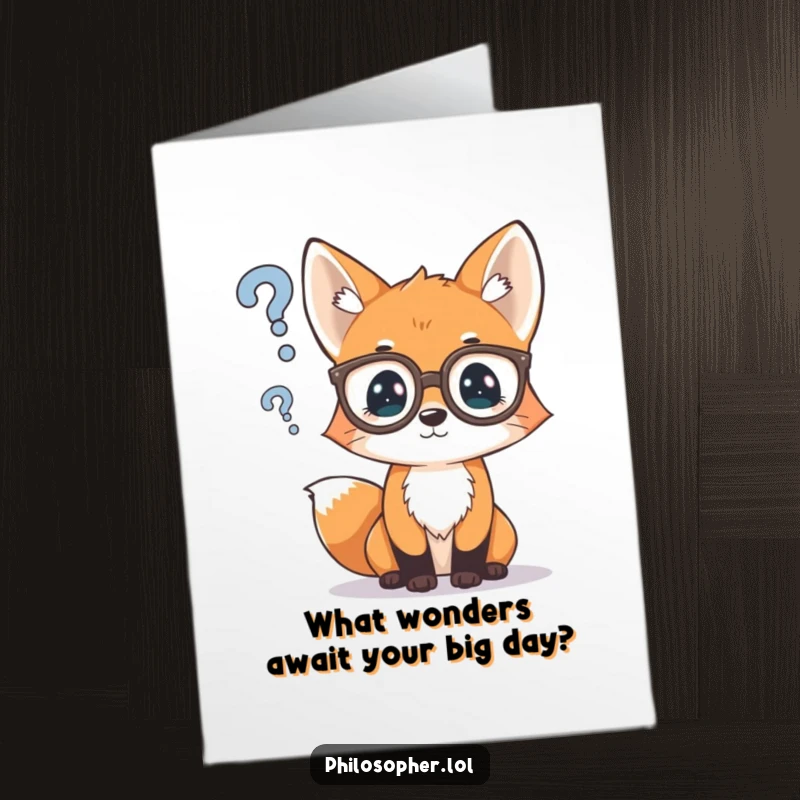 Funny Free Printable Birthday Card: A curious fox cub wearing spectacles, pondering a floating question mark.