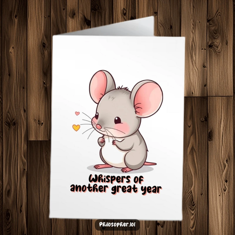 Funny Free Printable Birthday Card: Shy mouse pausing to listen intently to a tiny, faint echo.