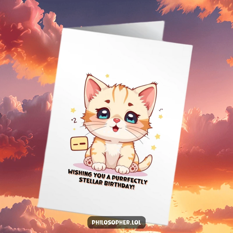 Funny free printable birthday card featuring a happy kitten with starry eyes pondering a floating mathematical equation. Brainy birthday fun.