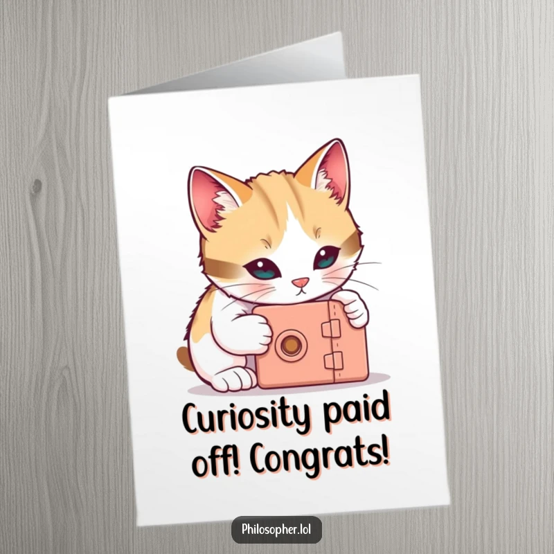 Funny Free Printable Cat Congratulations Card: A curious cat investigates a tiny box, representing the unlocking of new achievements.