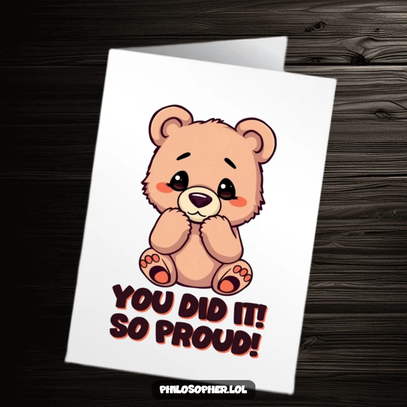 Funny Free Printable Congratulations Card with a thoughtful bear cub in a deep thinking pose, celebrating your big win.