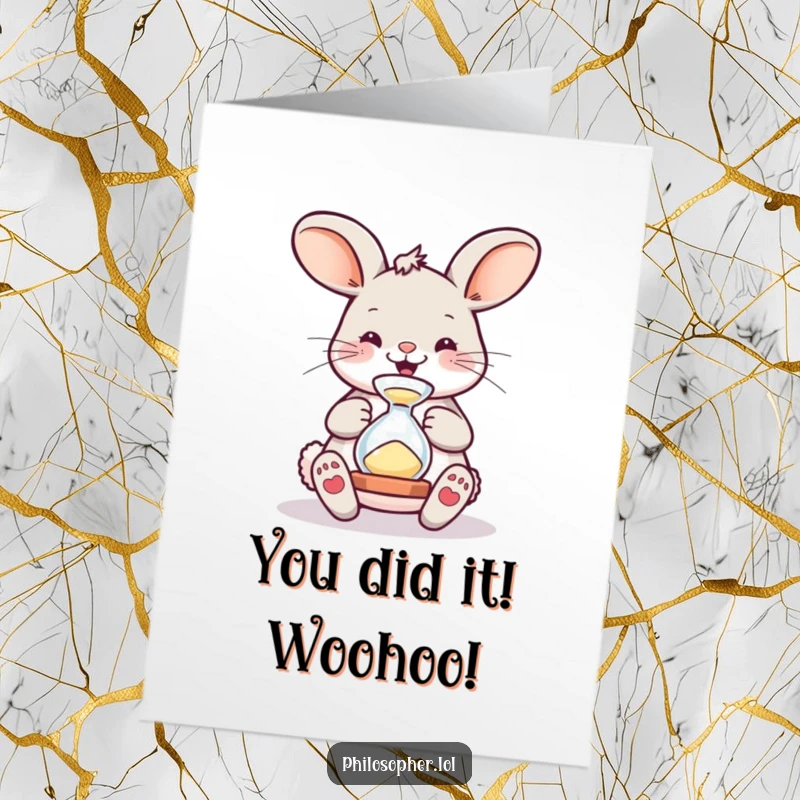 Funny free printable congratulations card: A frantic bunny checks an hourglass, symbolizing time flying by after a big accomplishment.