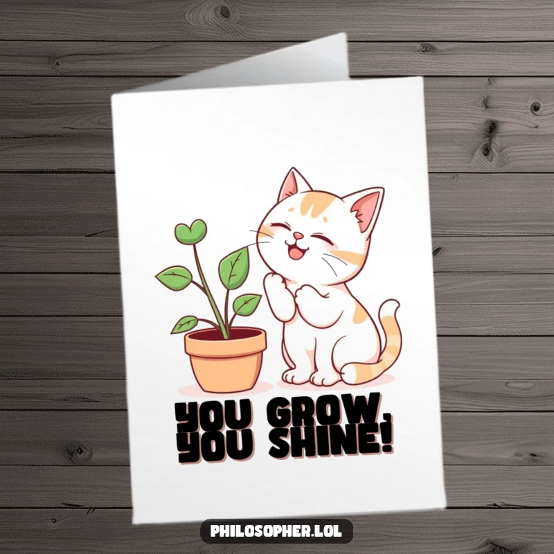 Funny free printable congratulations card: A secretive cat imparts wisdom to a listening potted plant, a quirky way to celebrate success.
