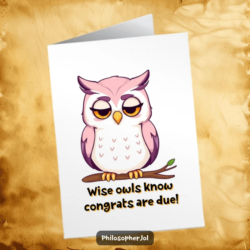 Funny Free Printable Congrats Card: A serious owl with a furrowed brow strokes its chin, thinking upon your achievement.