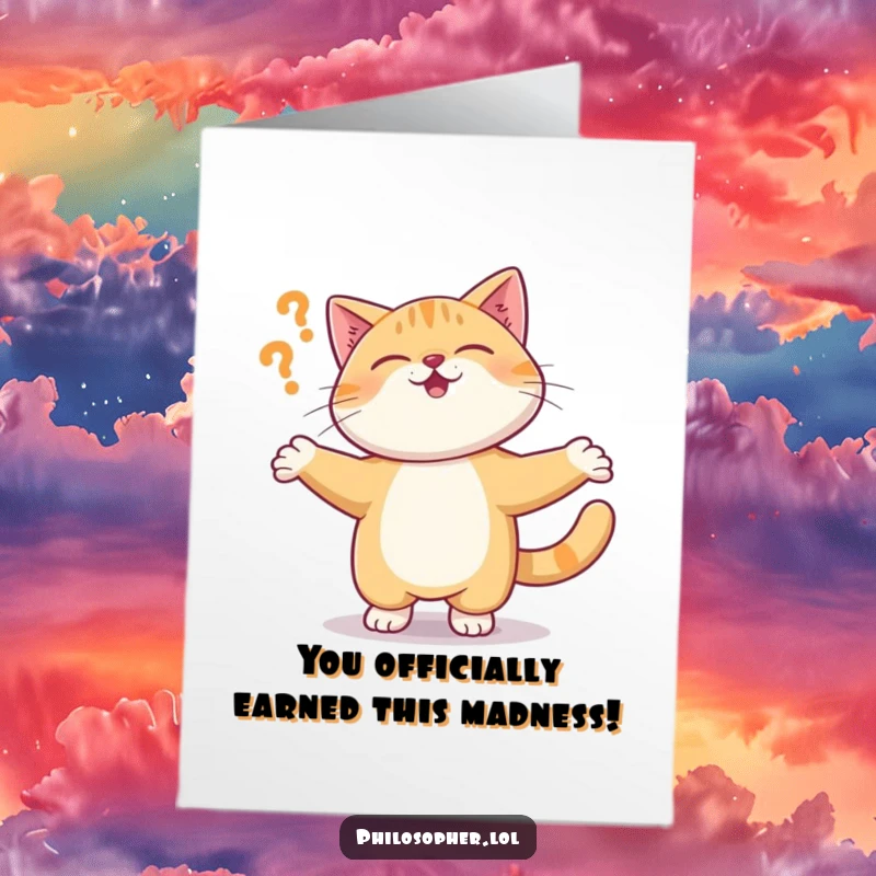 Funny Free Printable Congratulations Card: A giggling cat spinning in circles, celebrating success with a touch of delightful madness.