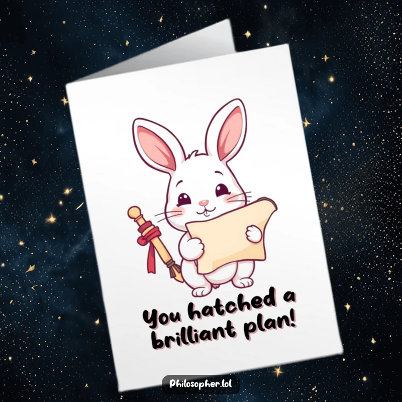 Funny Free Printable Congratulations Card: A playful rabbit holds a scroll, looking inspired with brilliant ideas for success.