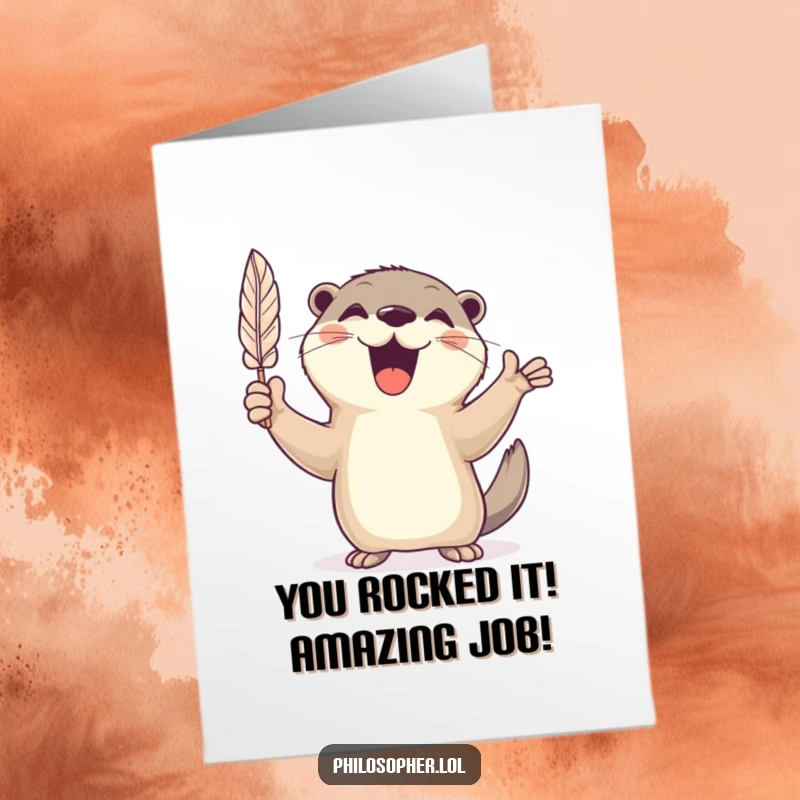 Funny Free Printable Congratulations Card: Cheerful otter gesturing wildly with a feather quill, celebrating in style.