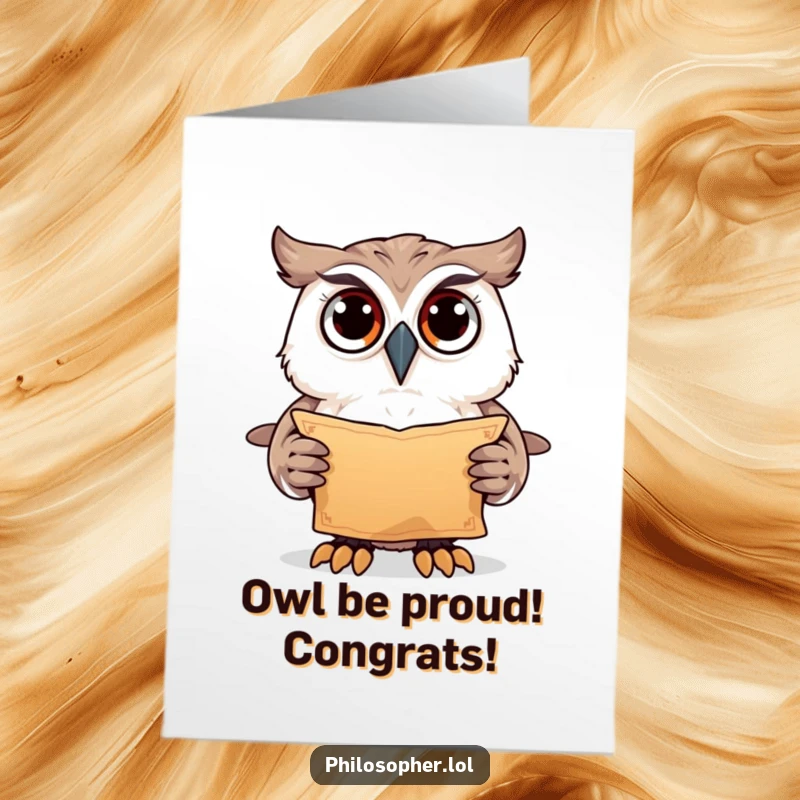 Funny Free Printable Congratulations Card: Owl holding an ancient scroll, eyes wide with wonder for their success. Downloadable art.