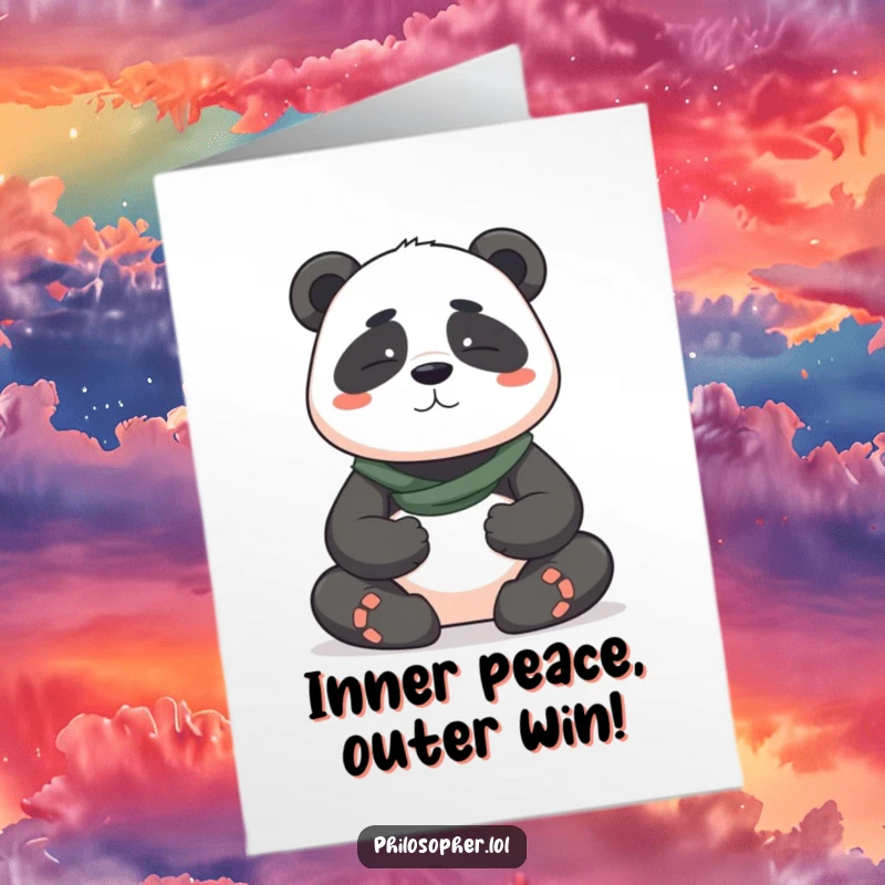 Funny Free Printable Congrats Card: Brave panda meditating peacefully, celebrating inner calm, downloadable success.