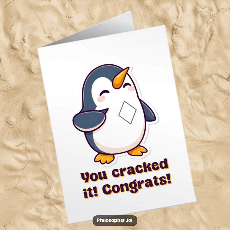 Funny Free Printable Congrats Card: Penguin pointing at a shape, a humorous and downloadable way to say congratulations.