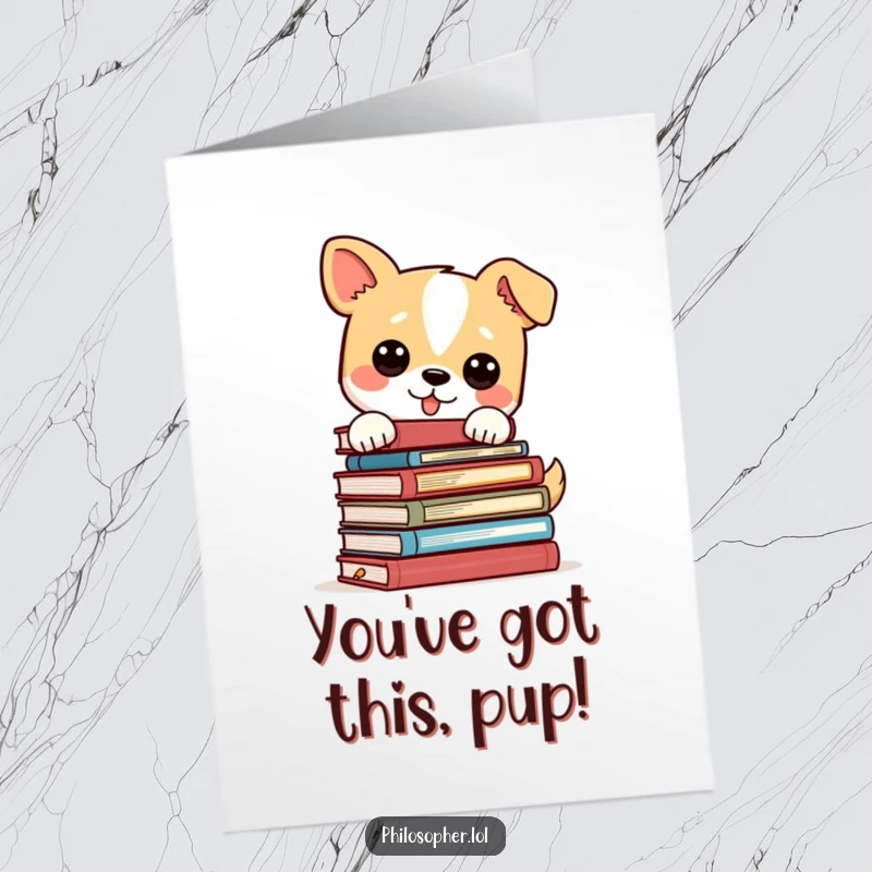 Funny Free Printable Congratulations Card: A dog proudly balances a stack of philosophy books, celebrating achievement with humor. Smart gift idea.