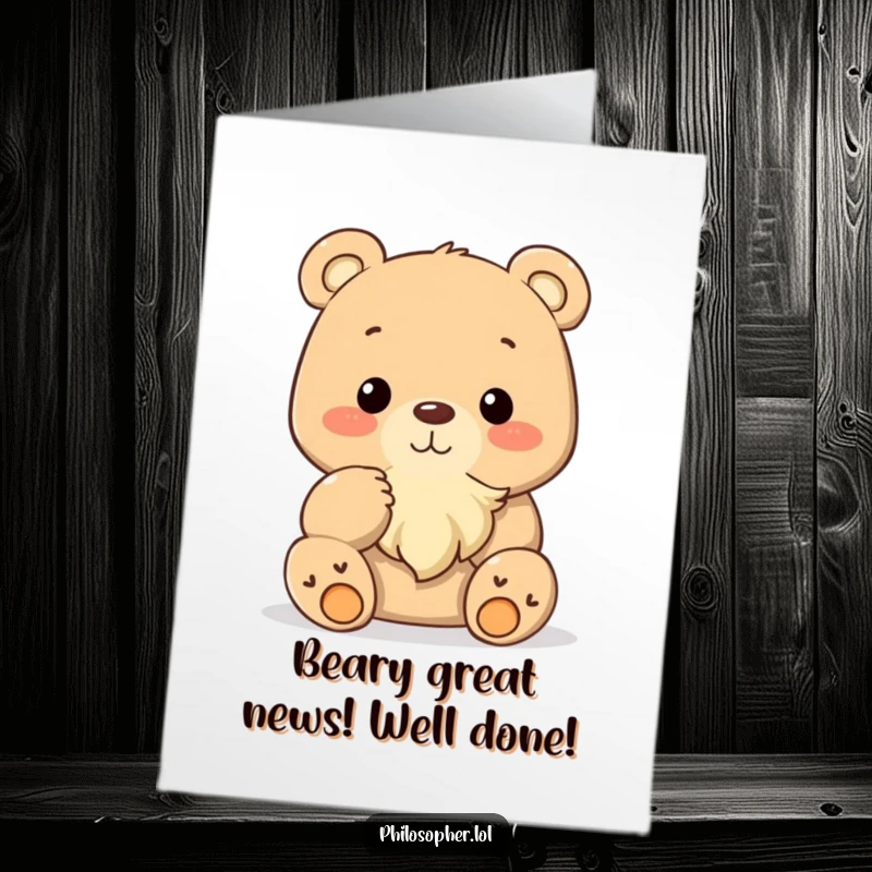 Funny Free Printable Congratulations Card: Bear stroking his tiny beard in contemplation, celebrating success. Downloadable art.