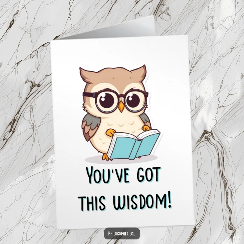 Funny Free Printable Congratulations Card: Small owl in spectacles reads a book, an intelligent downloadable gift.